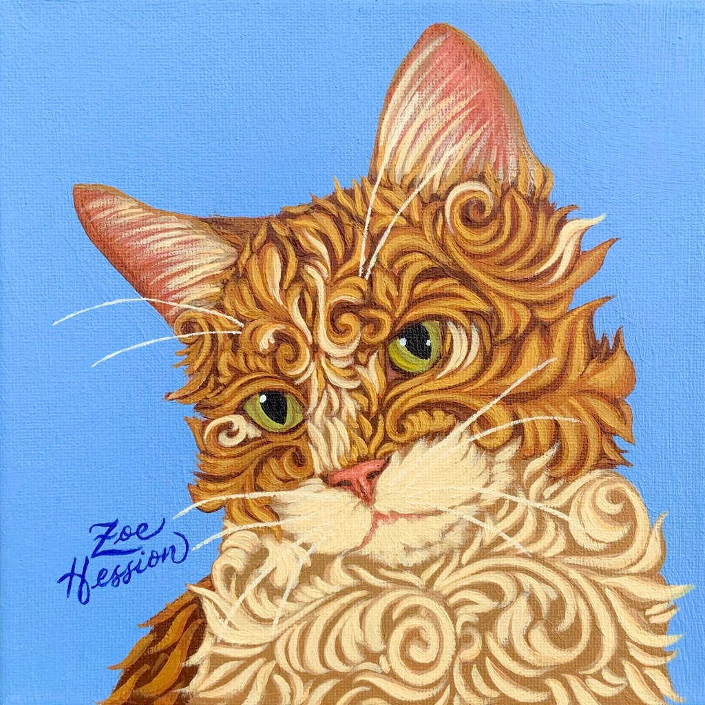 ginger cat painting with decorative fur on a blue background