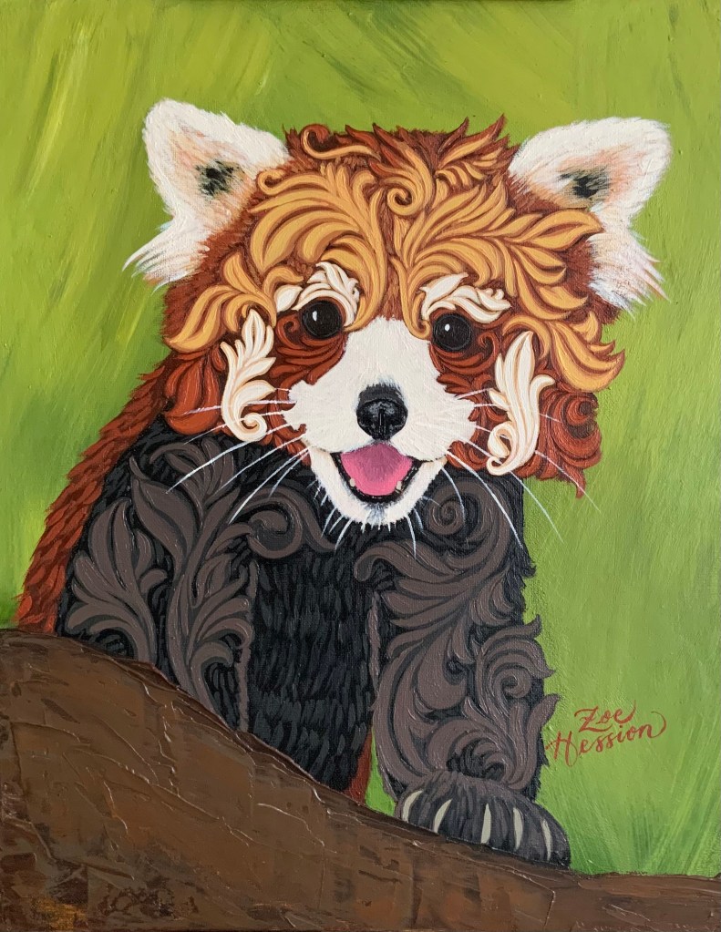 Decorative Red Panda Acrylic Painting with green background